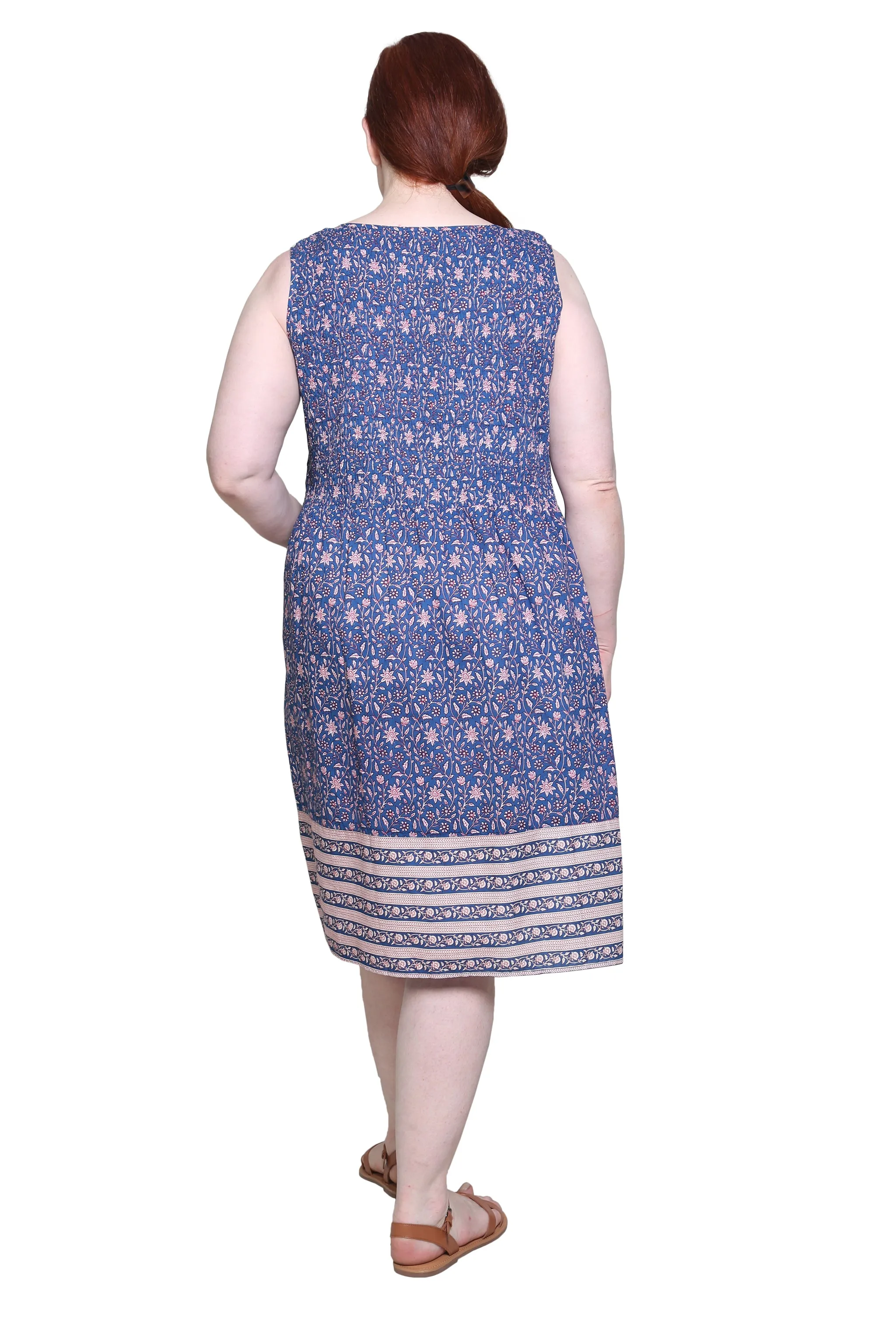 La Cera 100% Cotton Elegant Blue Floral Sleeveless Dress - Plus Size