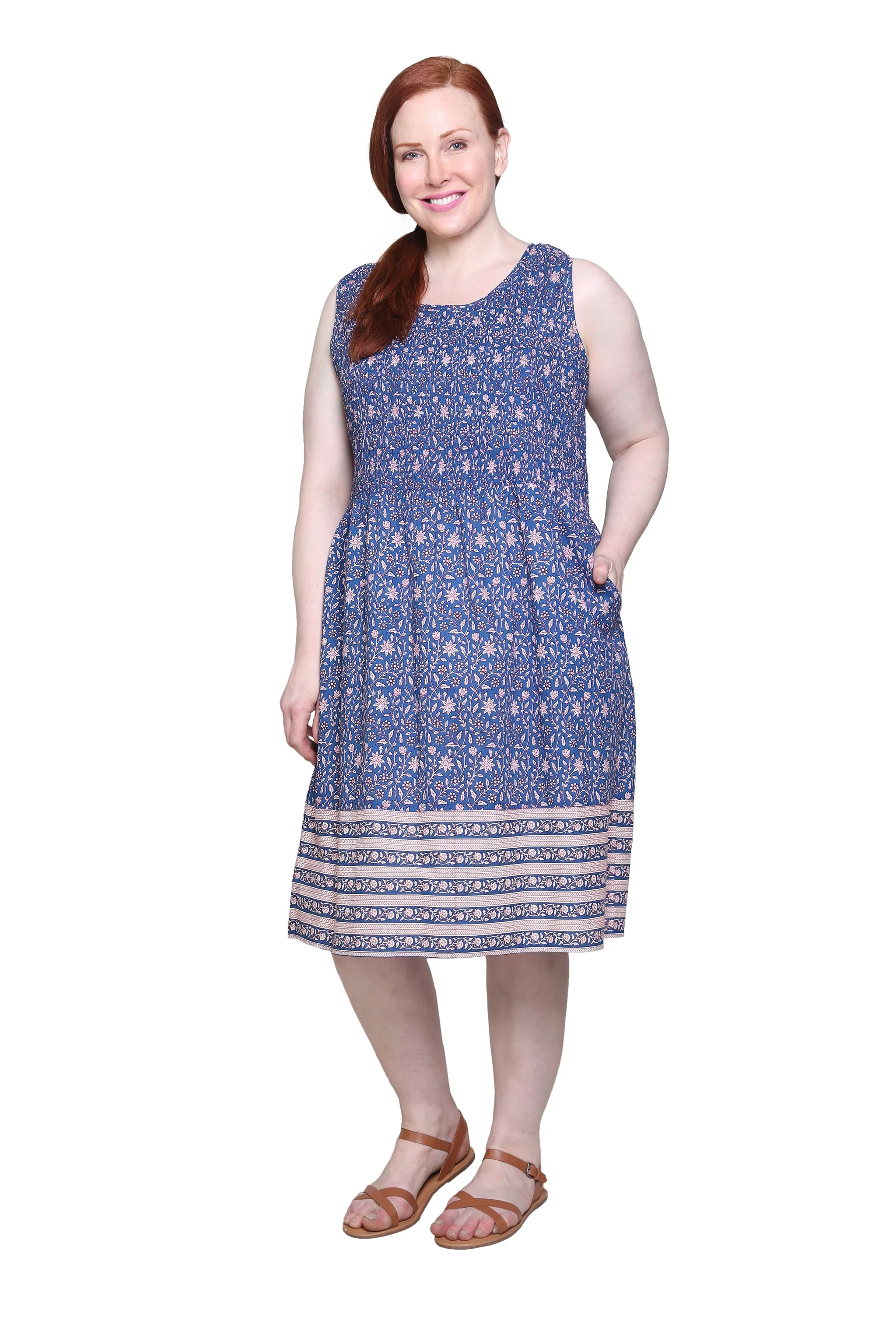 La Cera 100% Cotton Elegant Blue Floral Sleeveless Dress - Plus Size