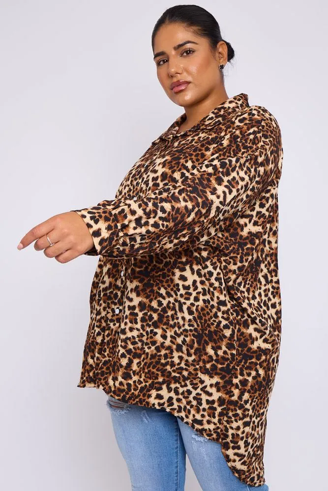 Leopard Print Collar High Low Hem Shirt