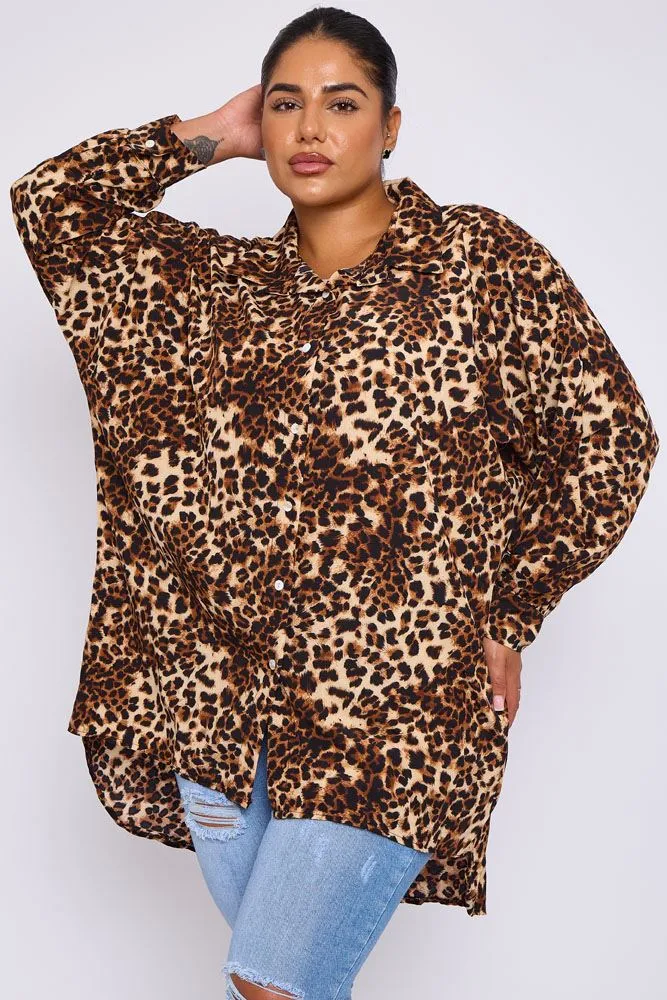 Leopard Print Collar High Low Hem Shirt