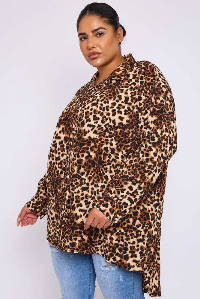 Leopard Print Collar High Low Hem Shirt