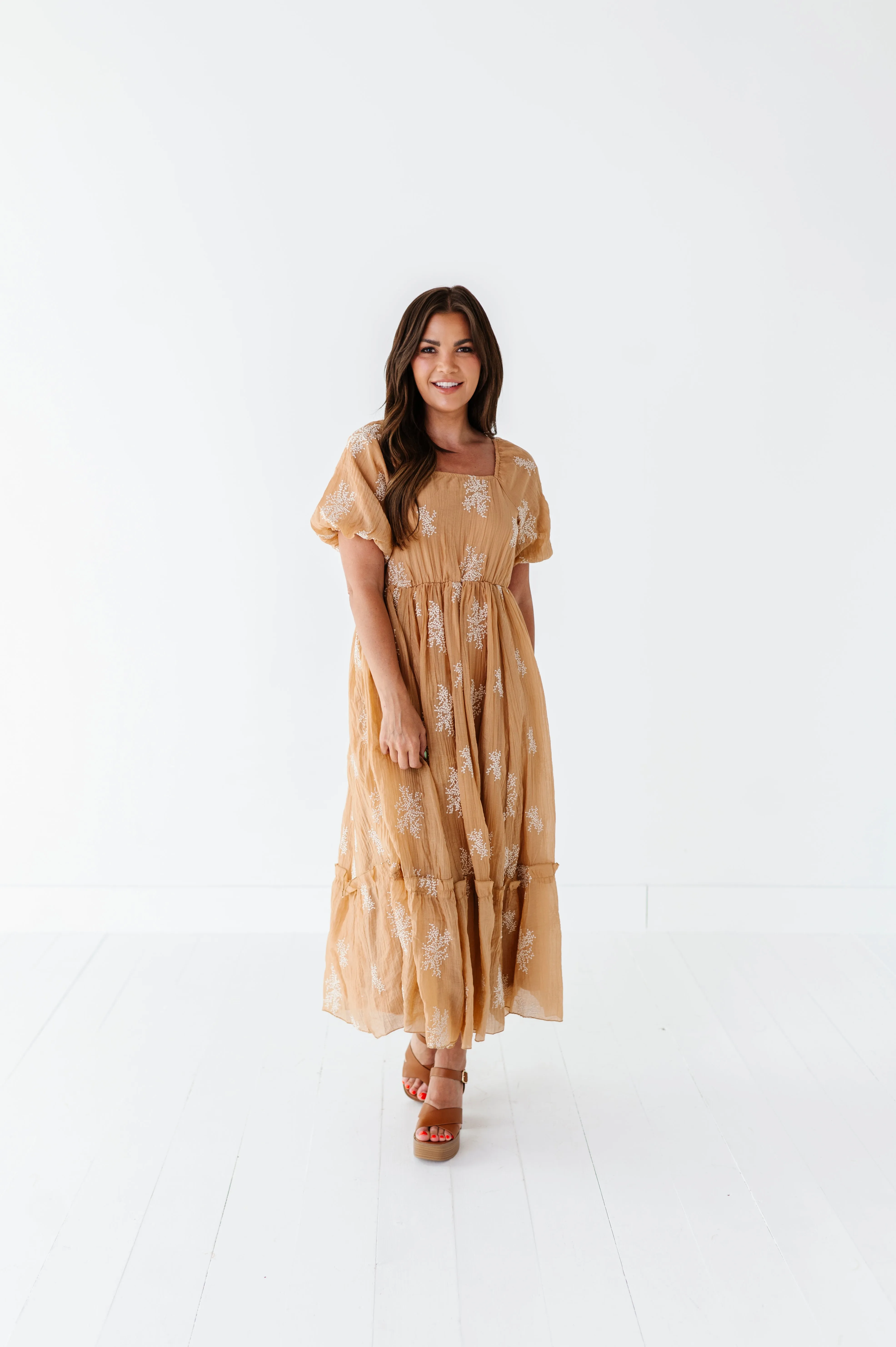 Lola Embroidered Dress in Camel