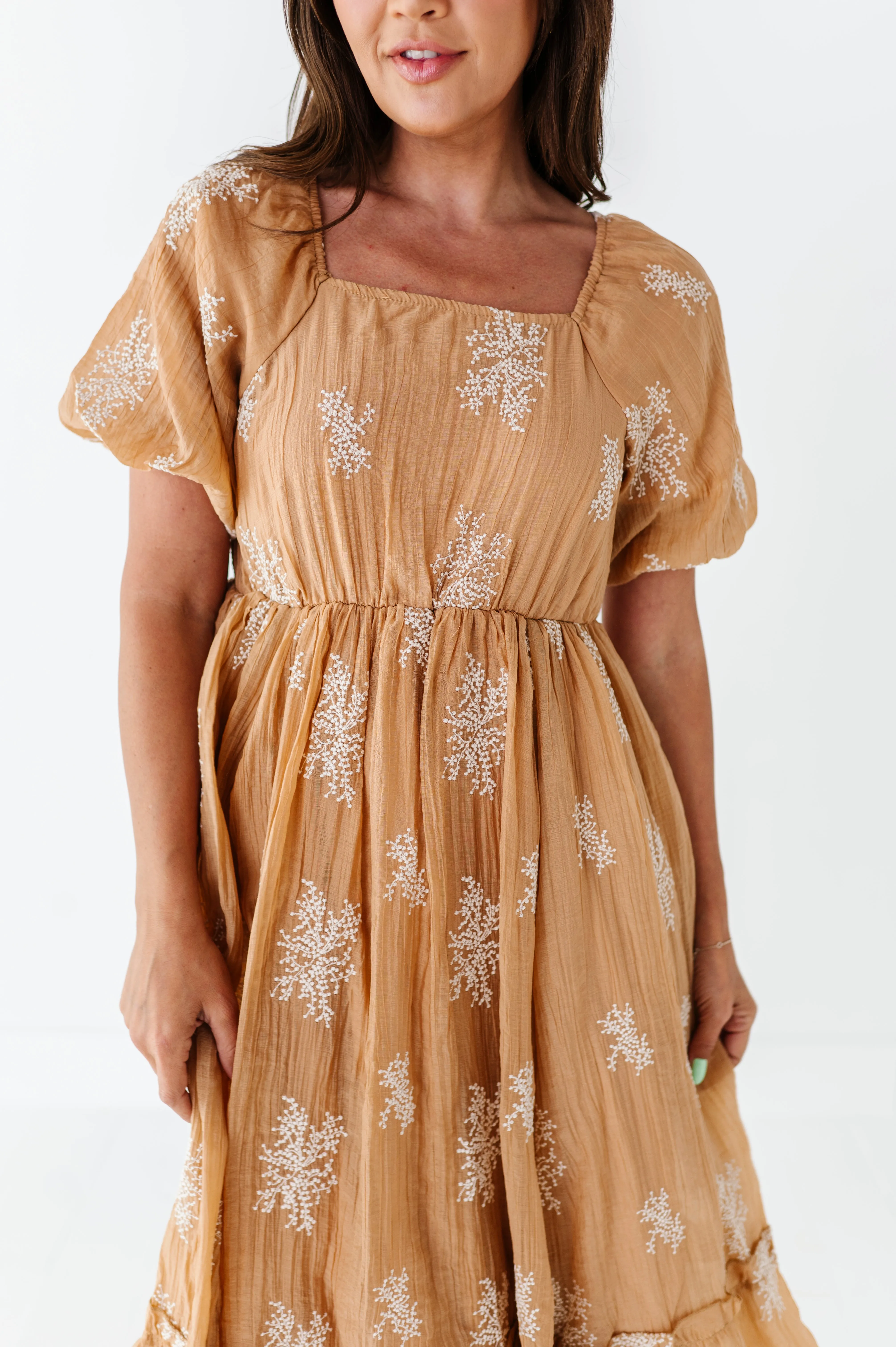 Lola Embroidered Dress in Camel