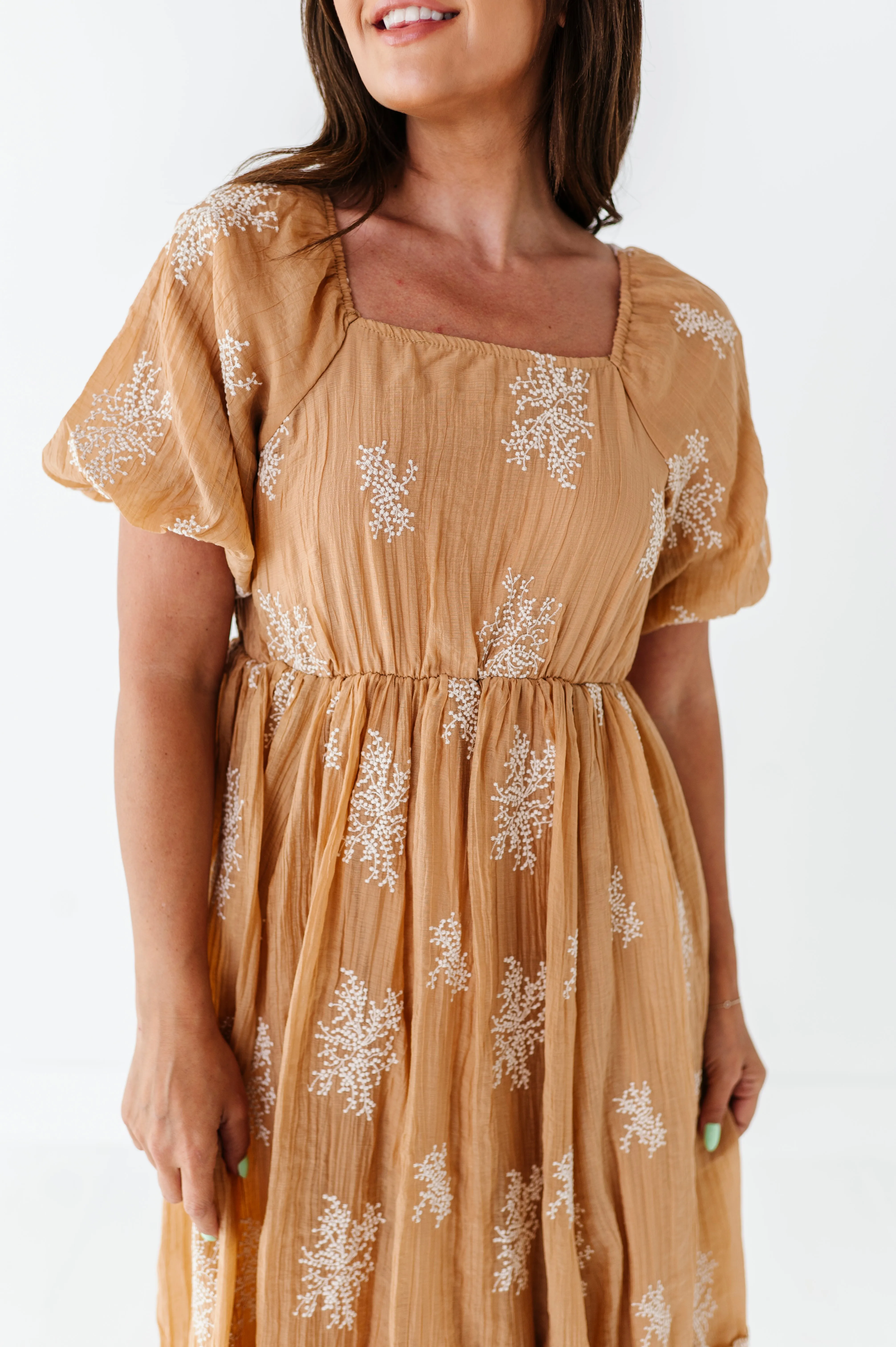 Lola Embroidered Dress in Camel