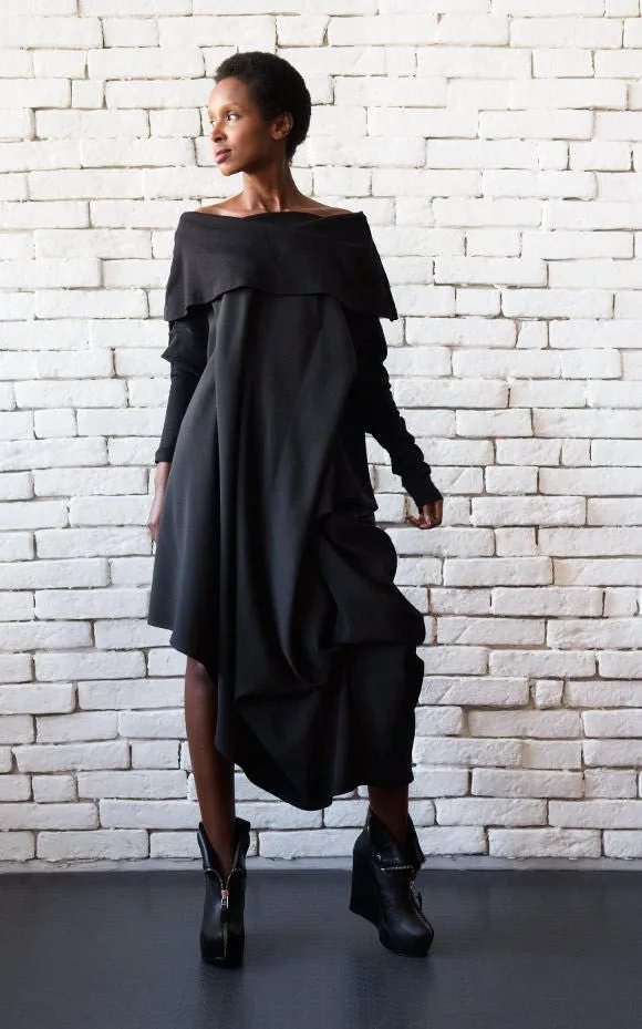 Loose Open Shoulders Dress In Black