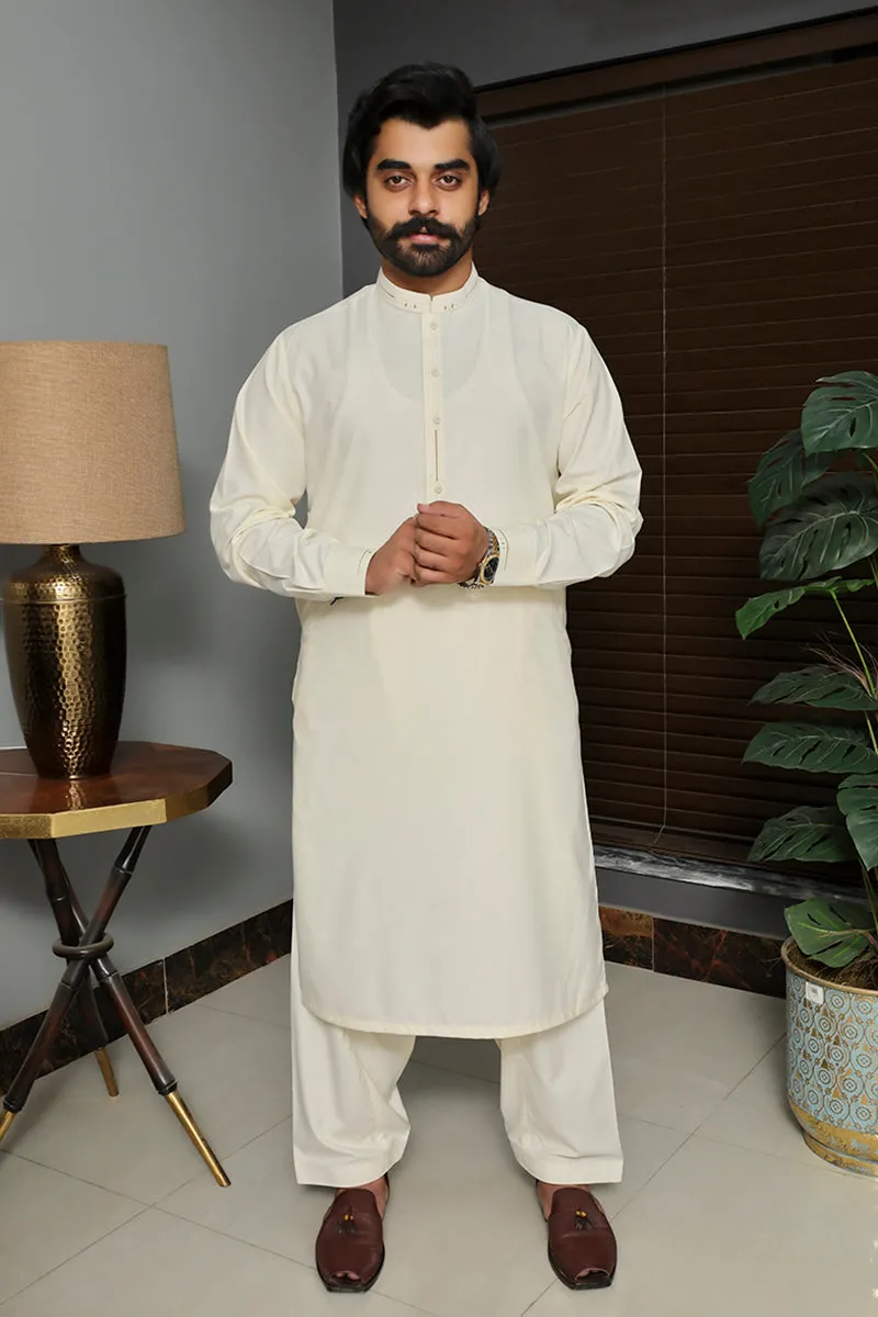 Men fabric wash n wear Kameez Shalwar Cream