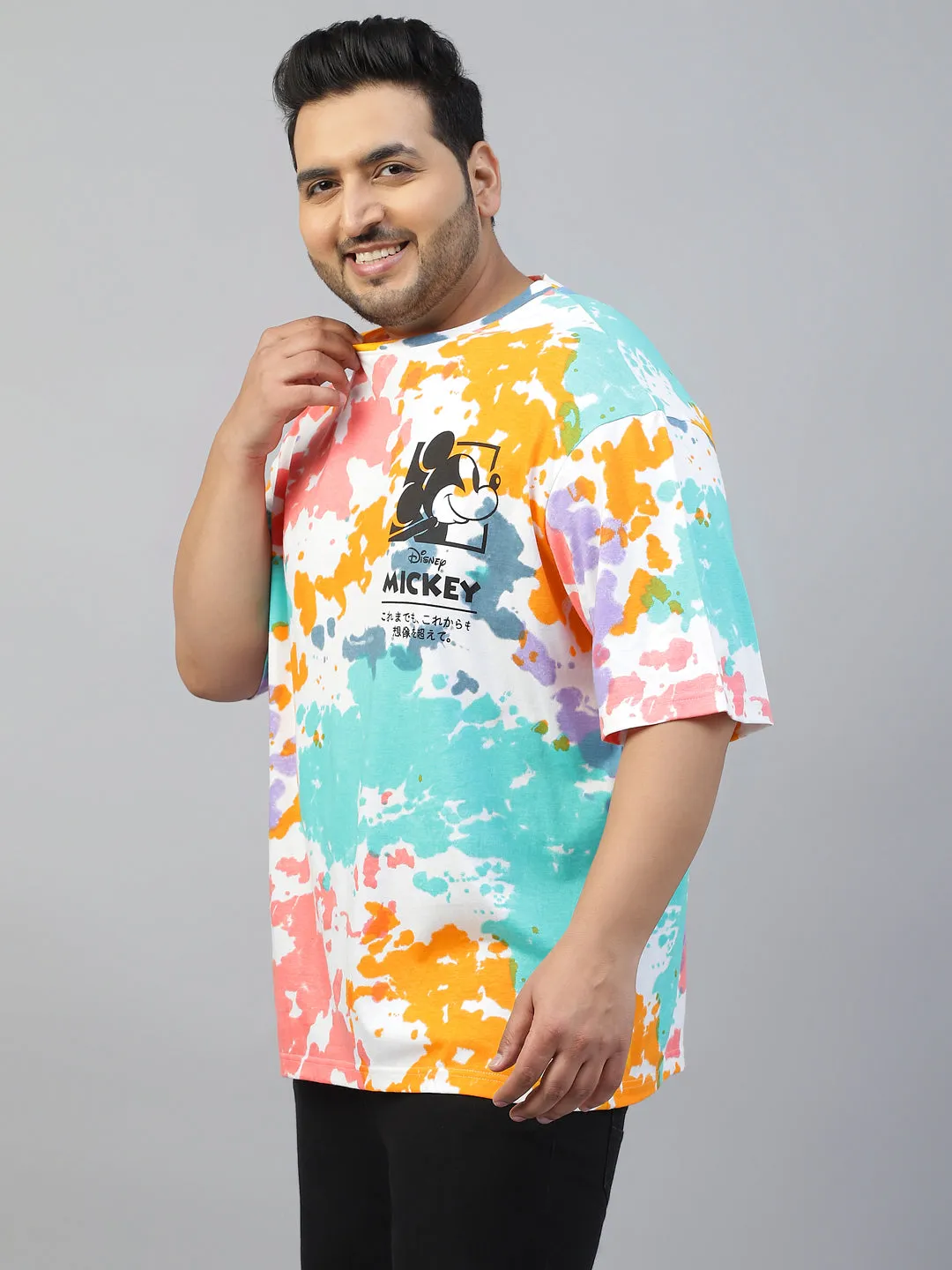 Mickey Loves Music White Plus Size Oversized Tie-Die Printed Tshirt