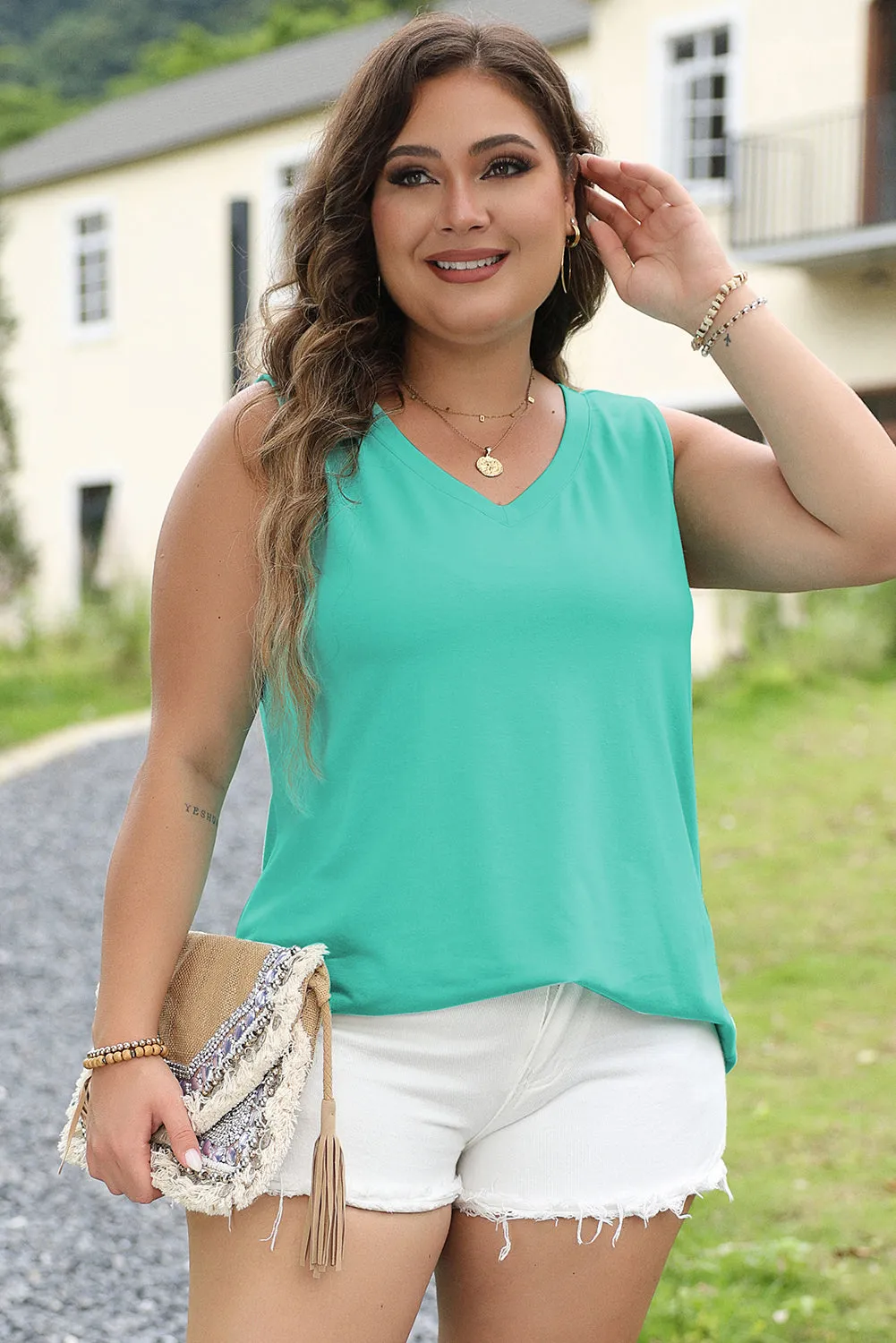 Mint Green V Neck Shift Tank Top in Curvy Size ONLY