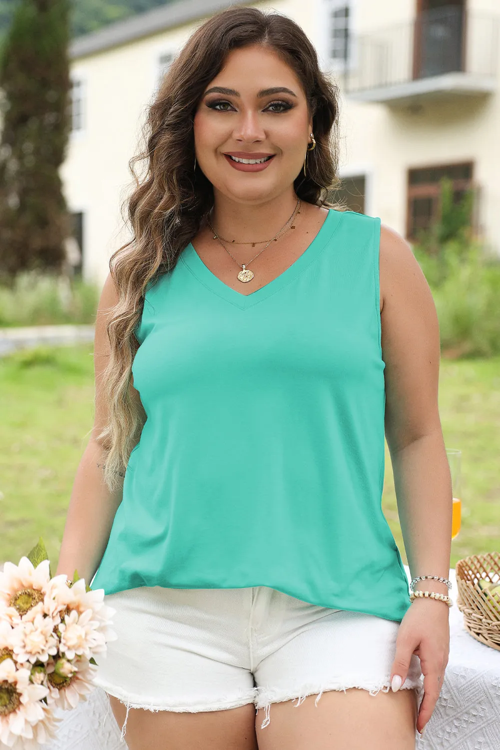 Mint Green V Neck Shift Tank Top in Curvy Size ONLY