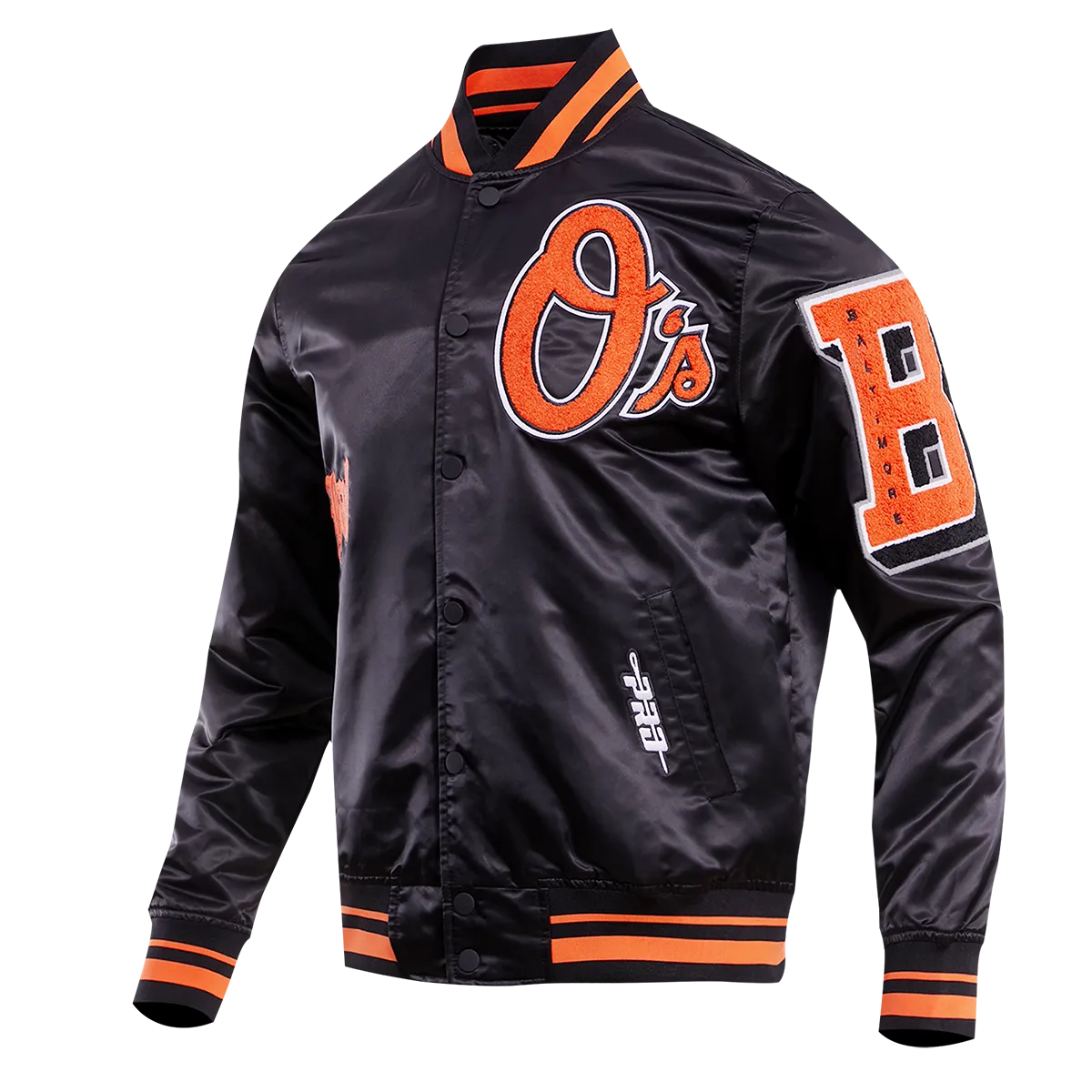 MLB BALTIMORE ORIOLES OLD ENGLISH MEN'S SATIN JACKET (BLACK/ORANGE)