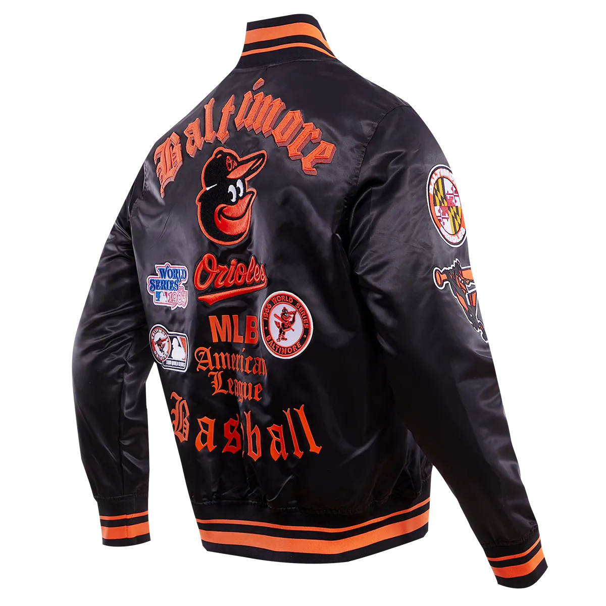 MLB BALTIMORE ORIOLES OLD ENGLISH MEN'S SATIN JACKET (BLACK/ORANGE)