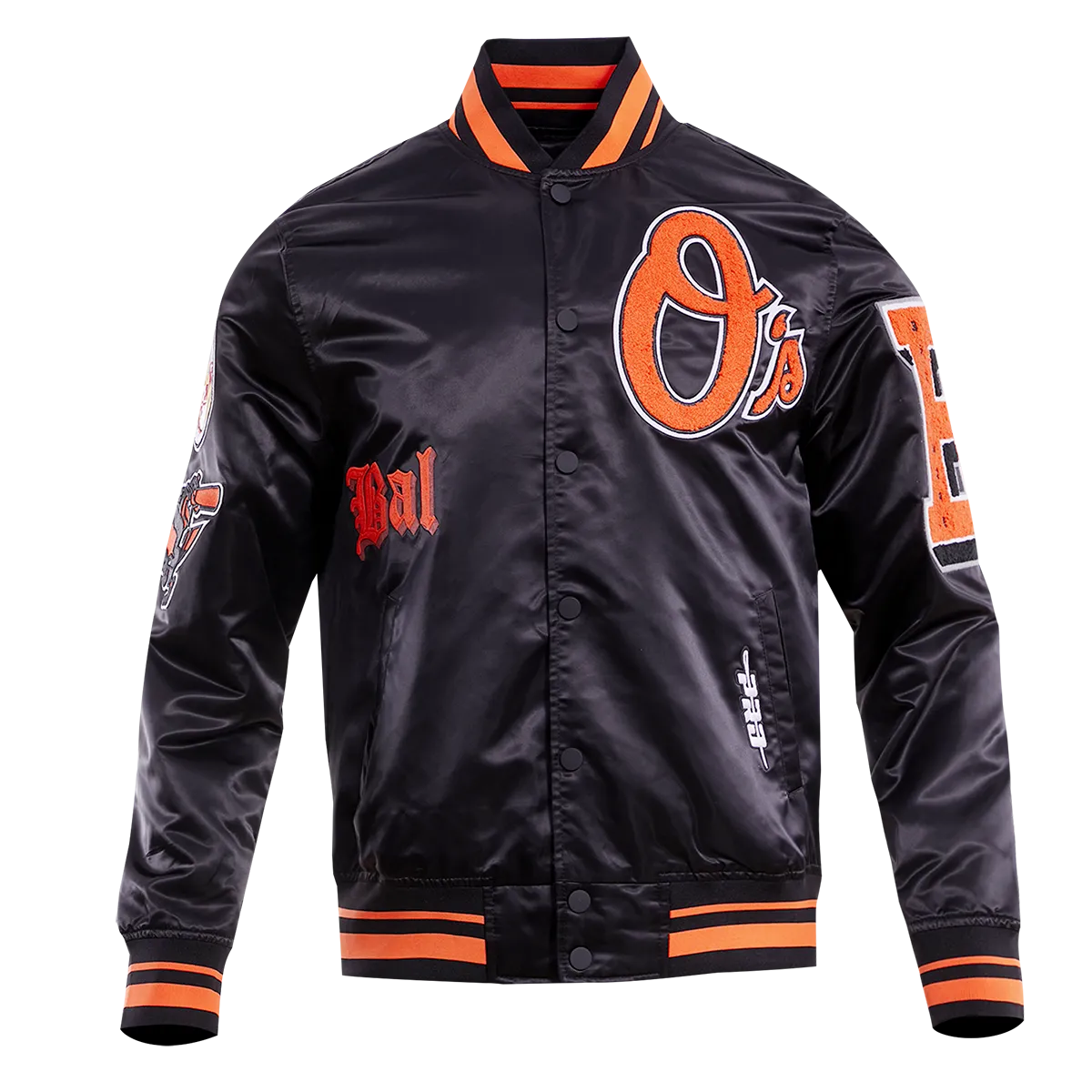 MLB BALTIMORE ORIOLES OLD ENGLISH MEN'S SATIN JACKET (BLACK/ORANGE)