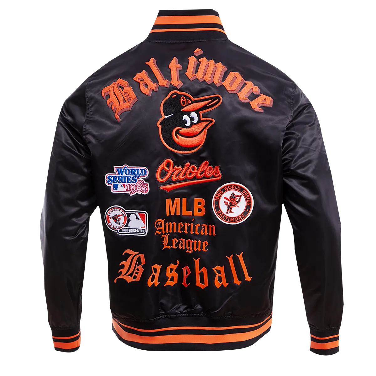 MLB BALTIMORE ORIOLES OLD ENGLISH MEN'S SATIN JACKET (BLACK/ORANGE)