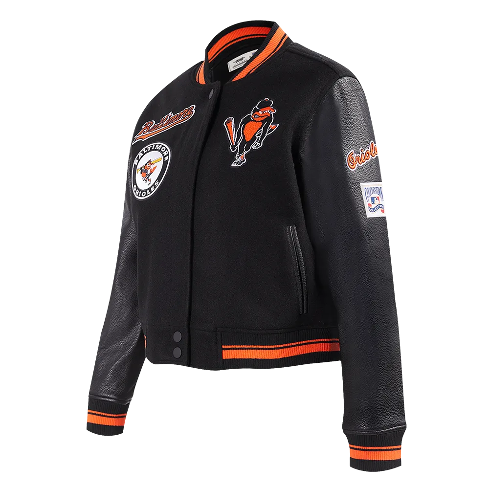 MLB BALTIMORE ORIOLES RETRO CLASSIC WOMEN'S RIB WOOL VARSITY JACKET (BLACK/ORANGE)