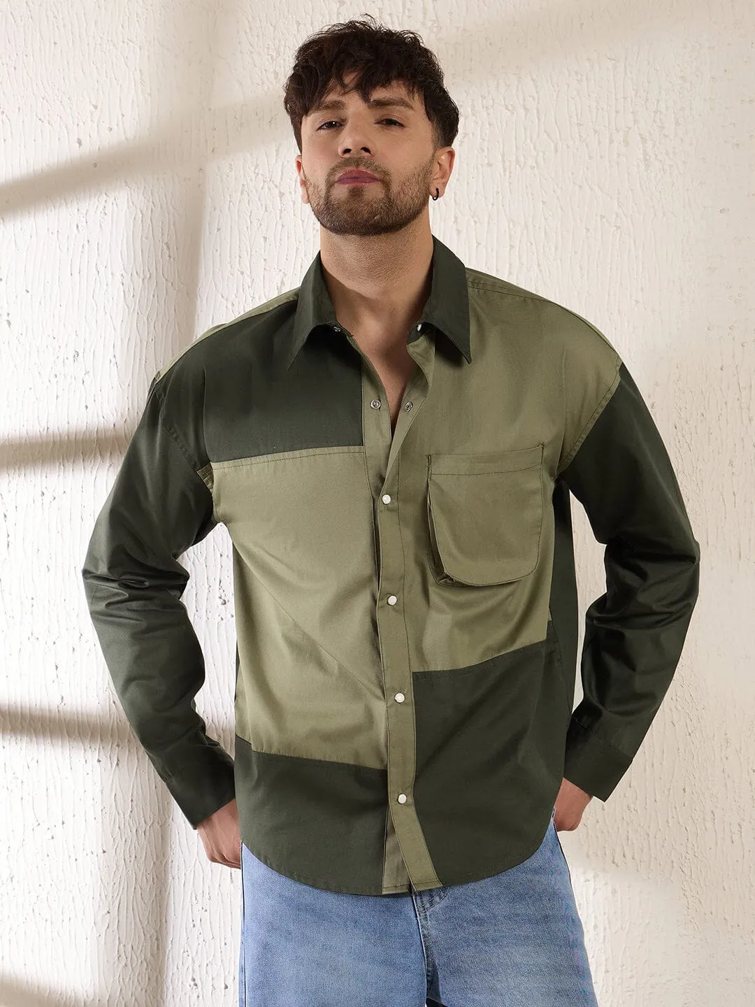 Olive Contrast Panel Oversized Shirt