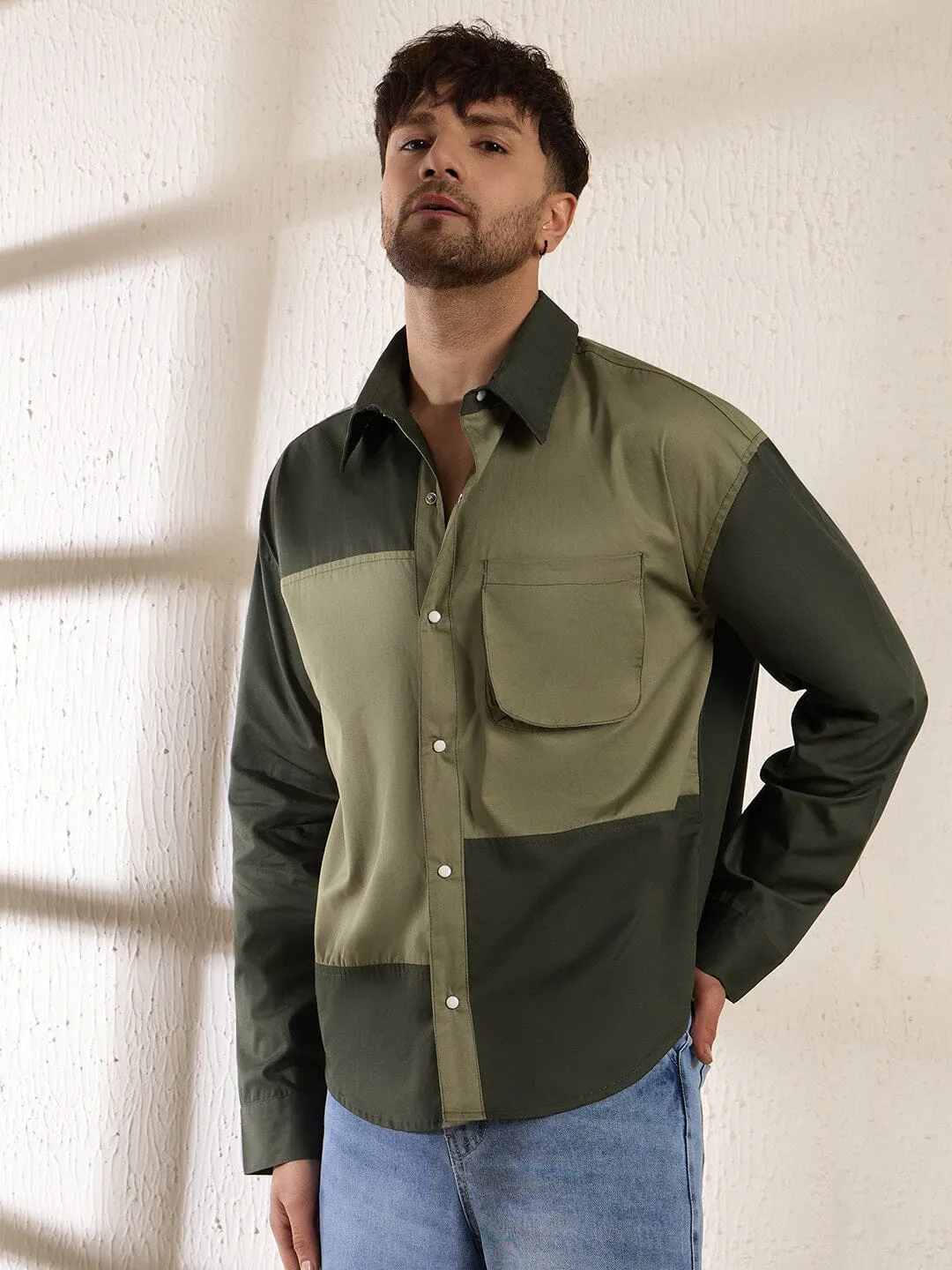 Olive Contrast Panel Oversized Shirt