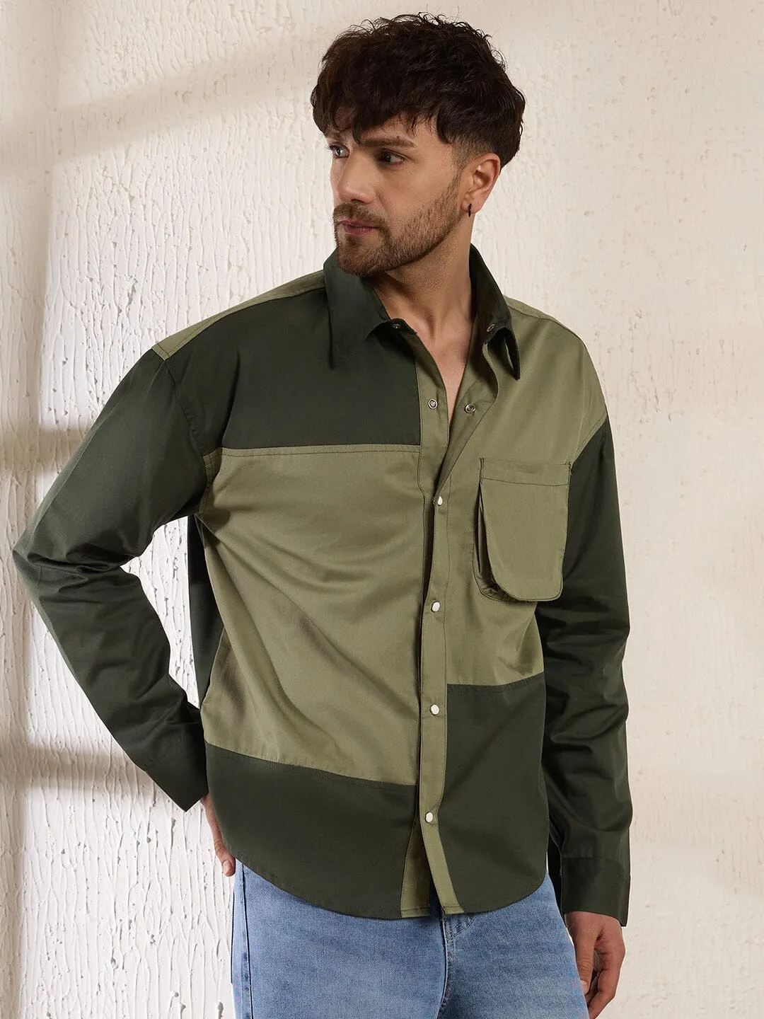 Olive Contrast Panel Oversized Shirt