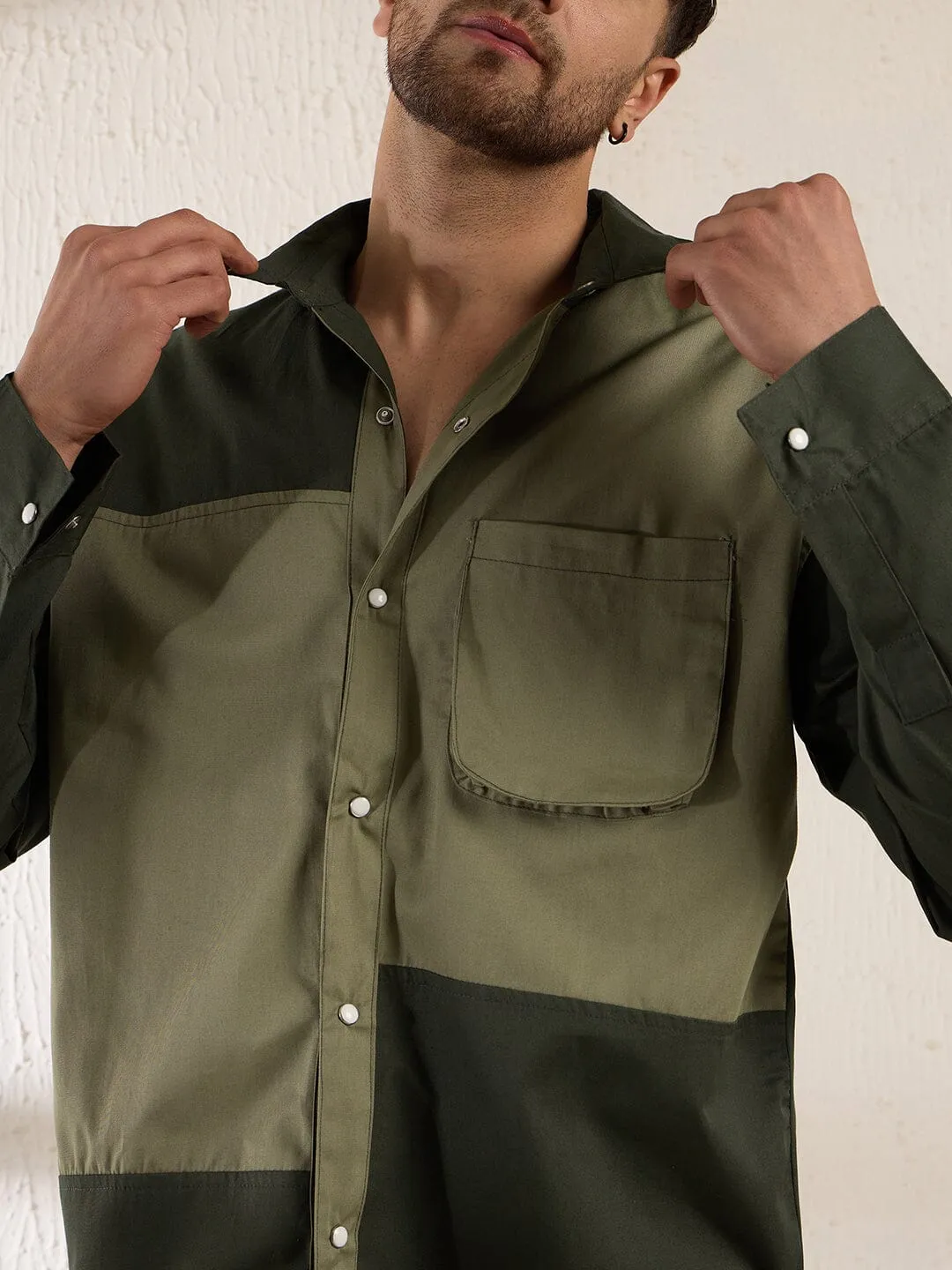 Olive Contrast Panel Oversized Shirt