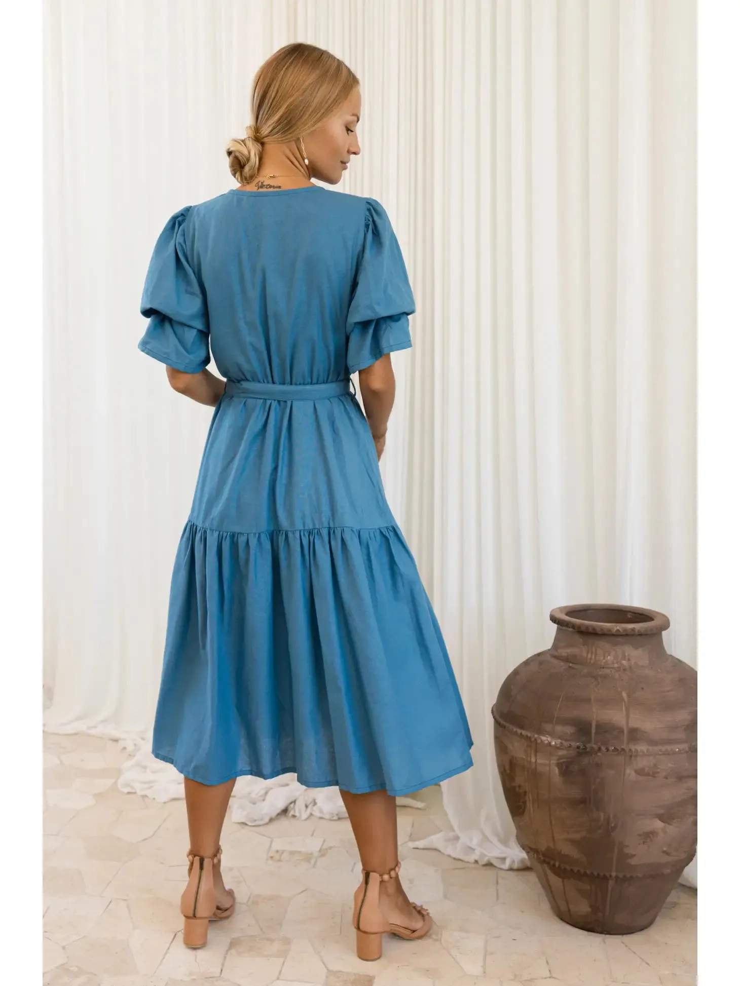 Peony Midi Linen Dress - Persian Blue