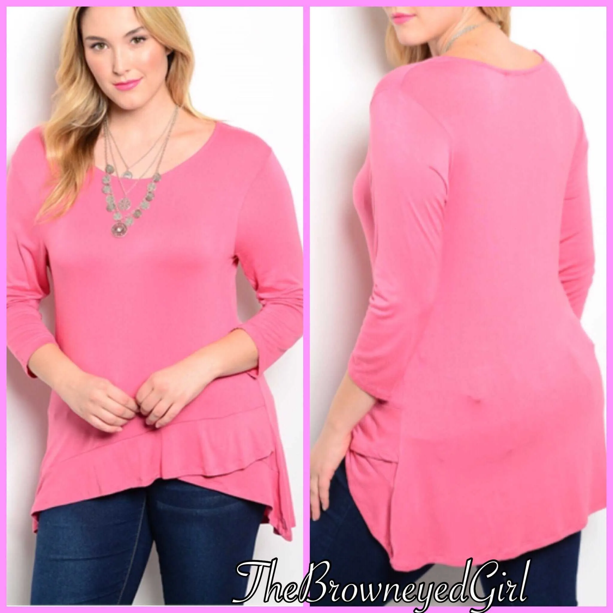 Pink Ruffle Trim 3/4 Sleeve top Plus Size