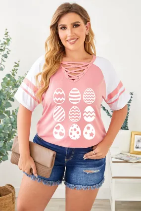 Plus Size Easter Eggs Graphic Tees Strappy V Neck T Shirt