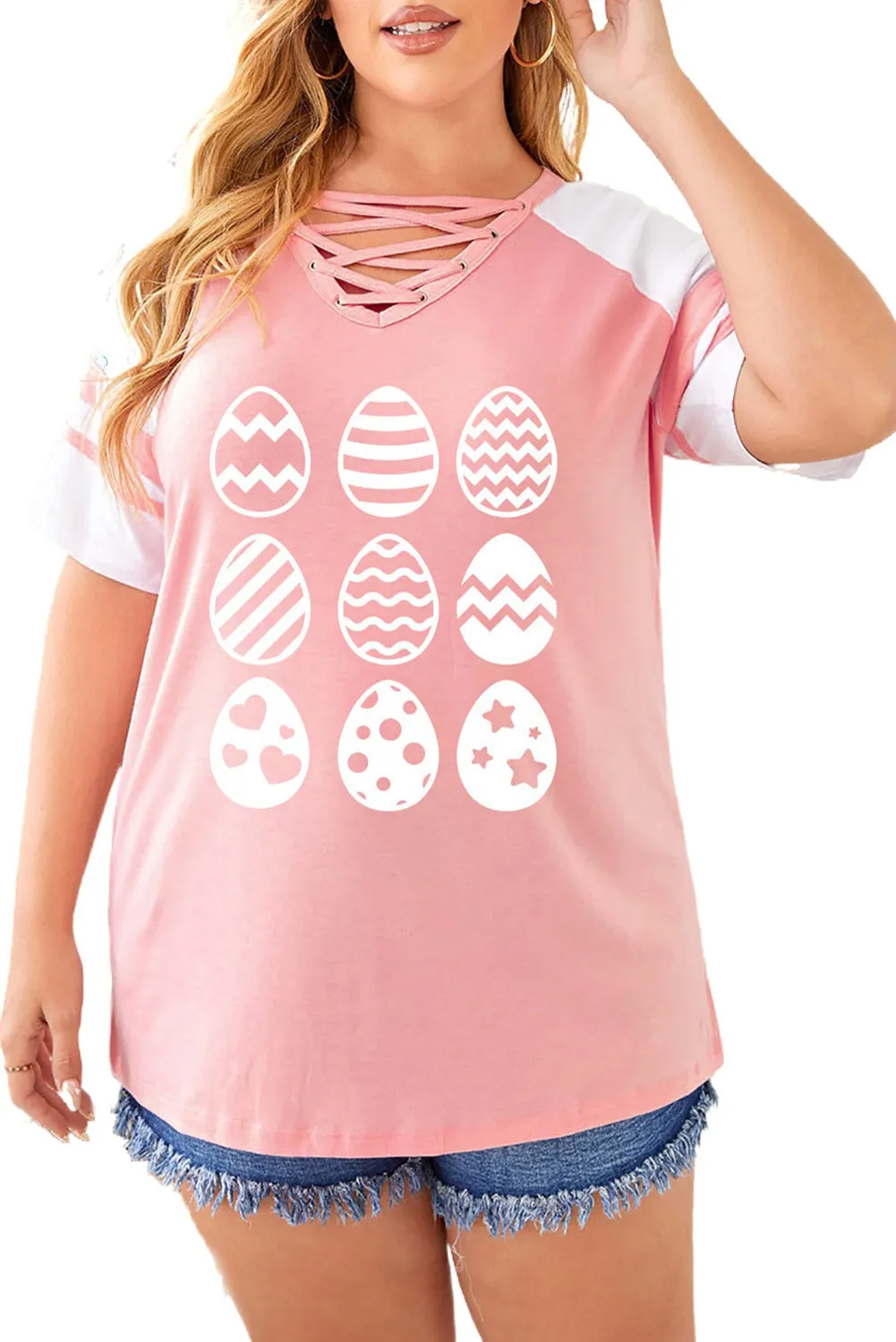 Plus Size Easter Eggs Graphic Tees Strappy V Neck T Shirt