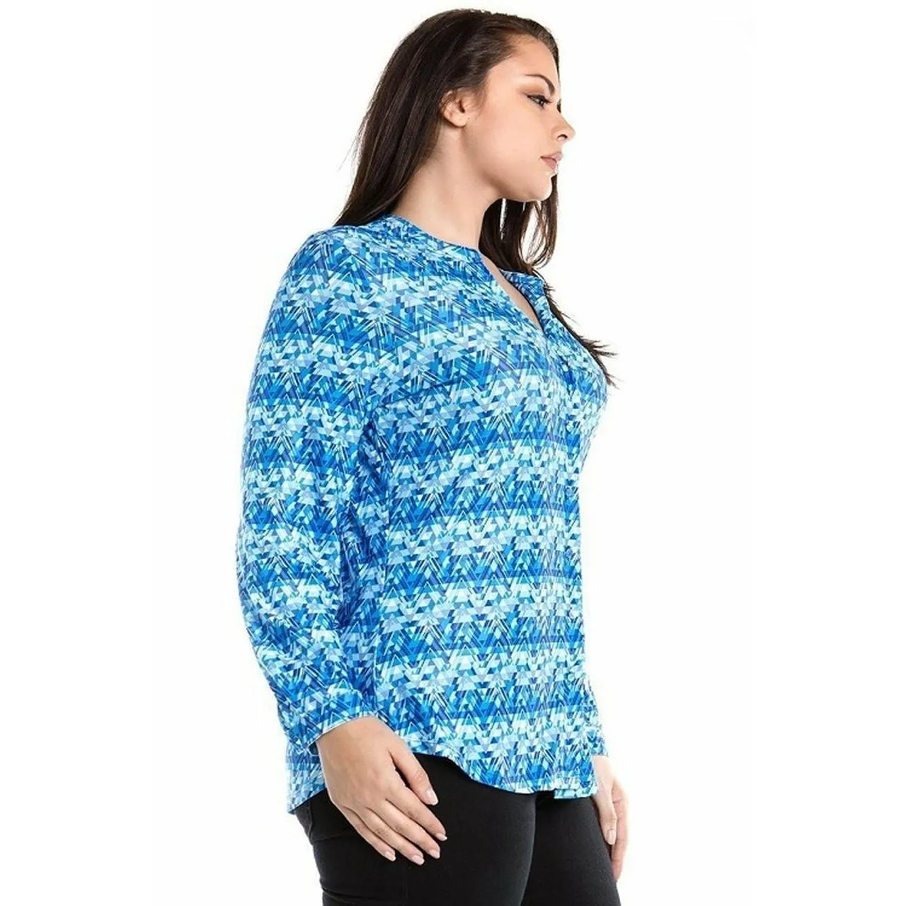 Plus size long sleeve zig zag print button down top