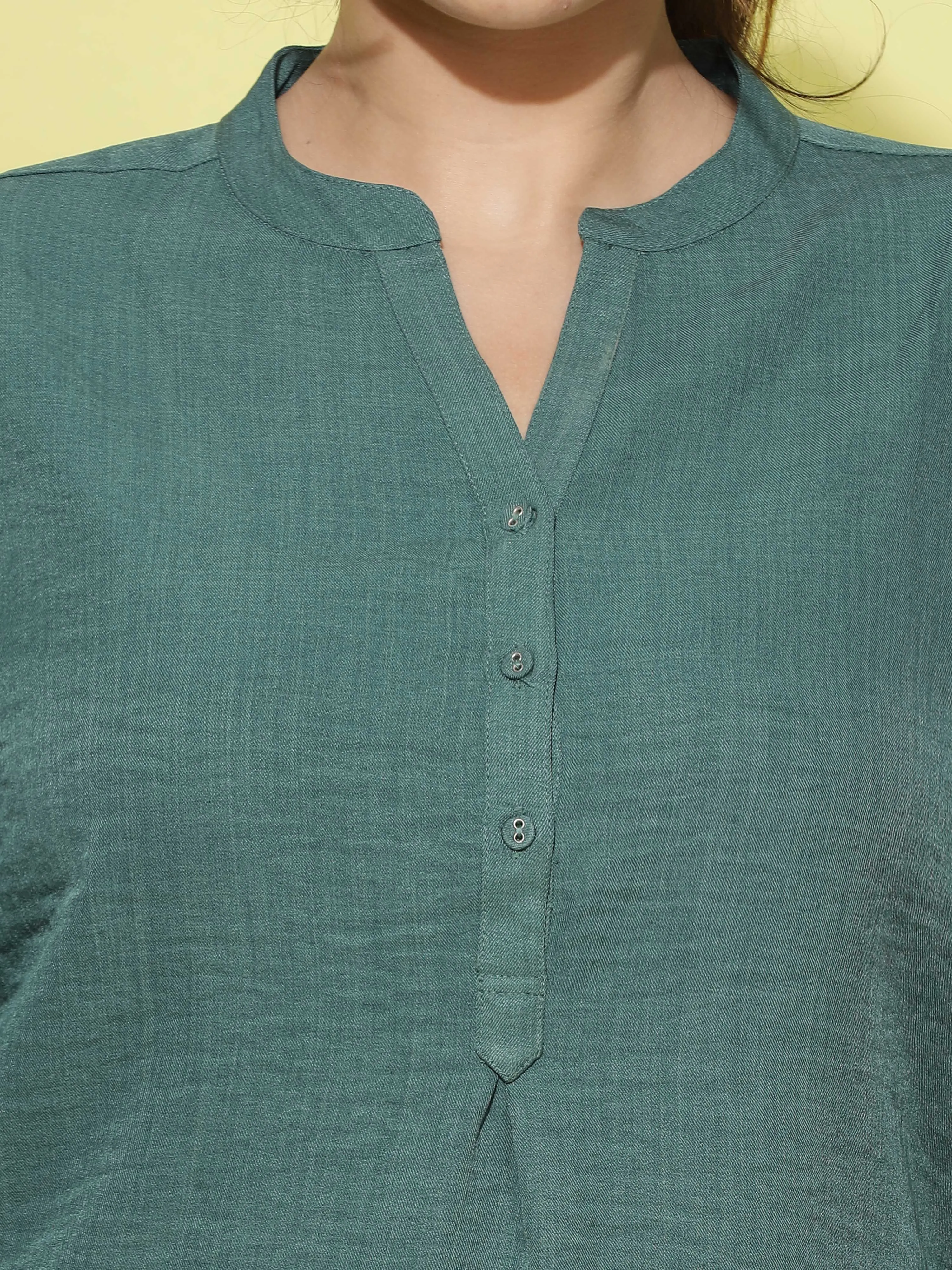 Premium Cotton Blend Top Fancy Mandarin Neck Green