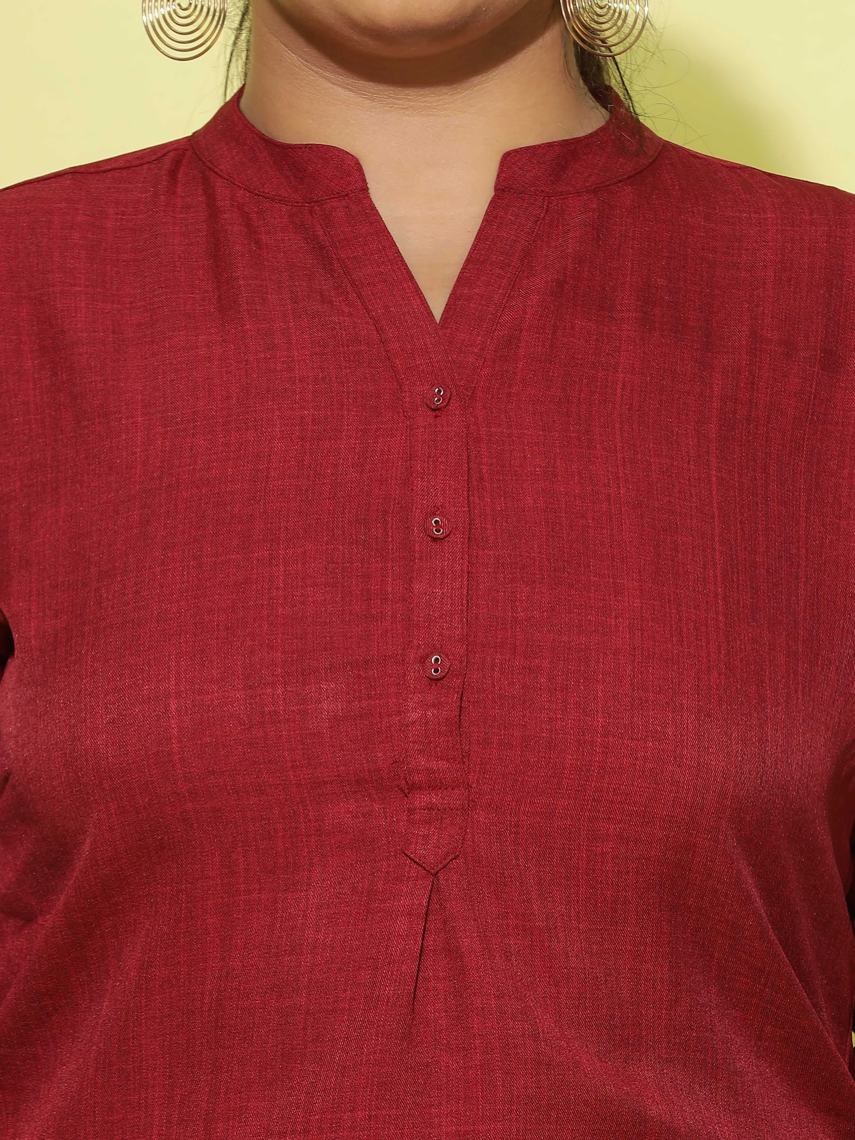 Premium Cotton Blend Top Fancy Neck Dark Red