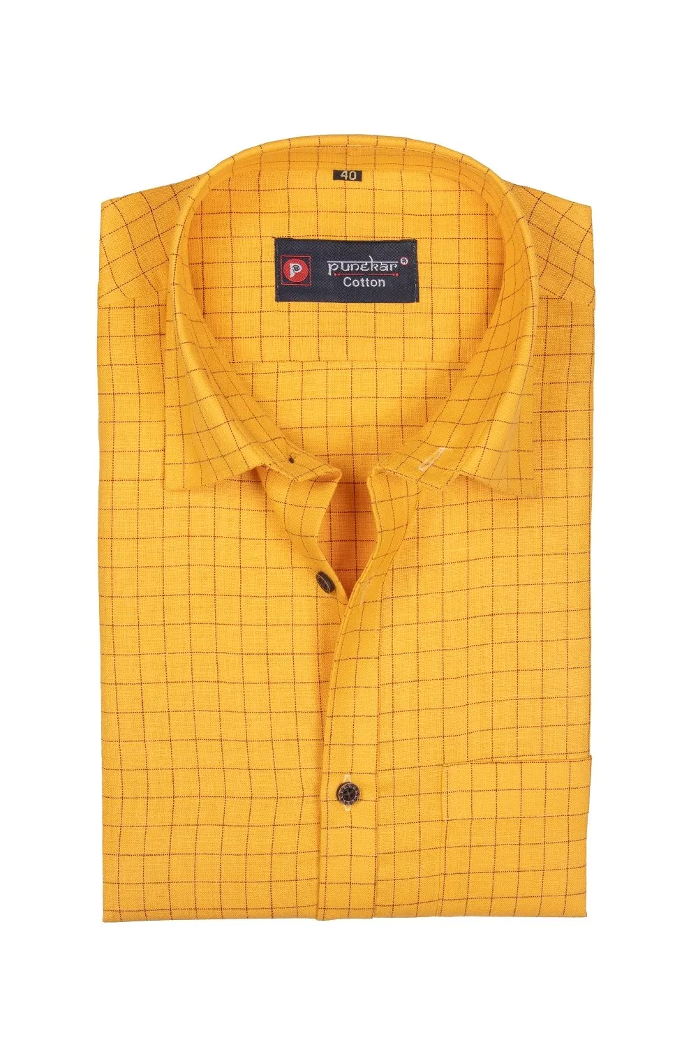 Punekar Cotton Maize Color Check Criss Cross Woven Cotton Shirt for Men's.