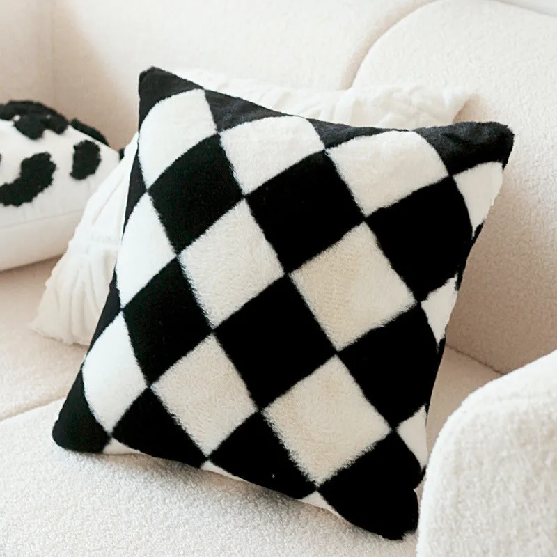 Retro Rabbit Fur Light Luxury Checkerboard Sofa Cushion