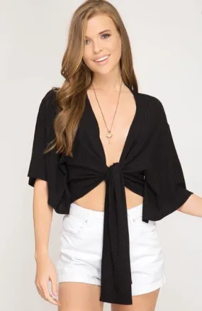 Ribbed Open Tie Crop Top