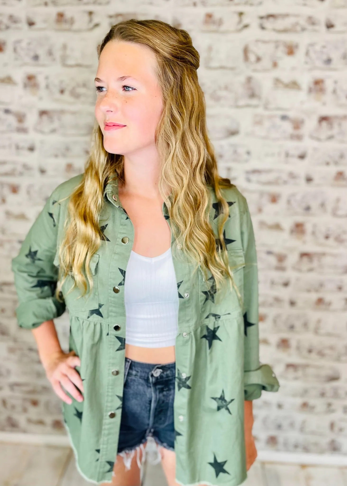 Star Print Olive Peplum Jacket