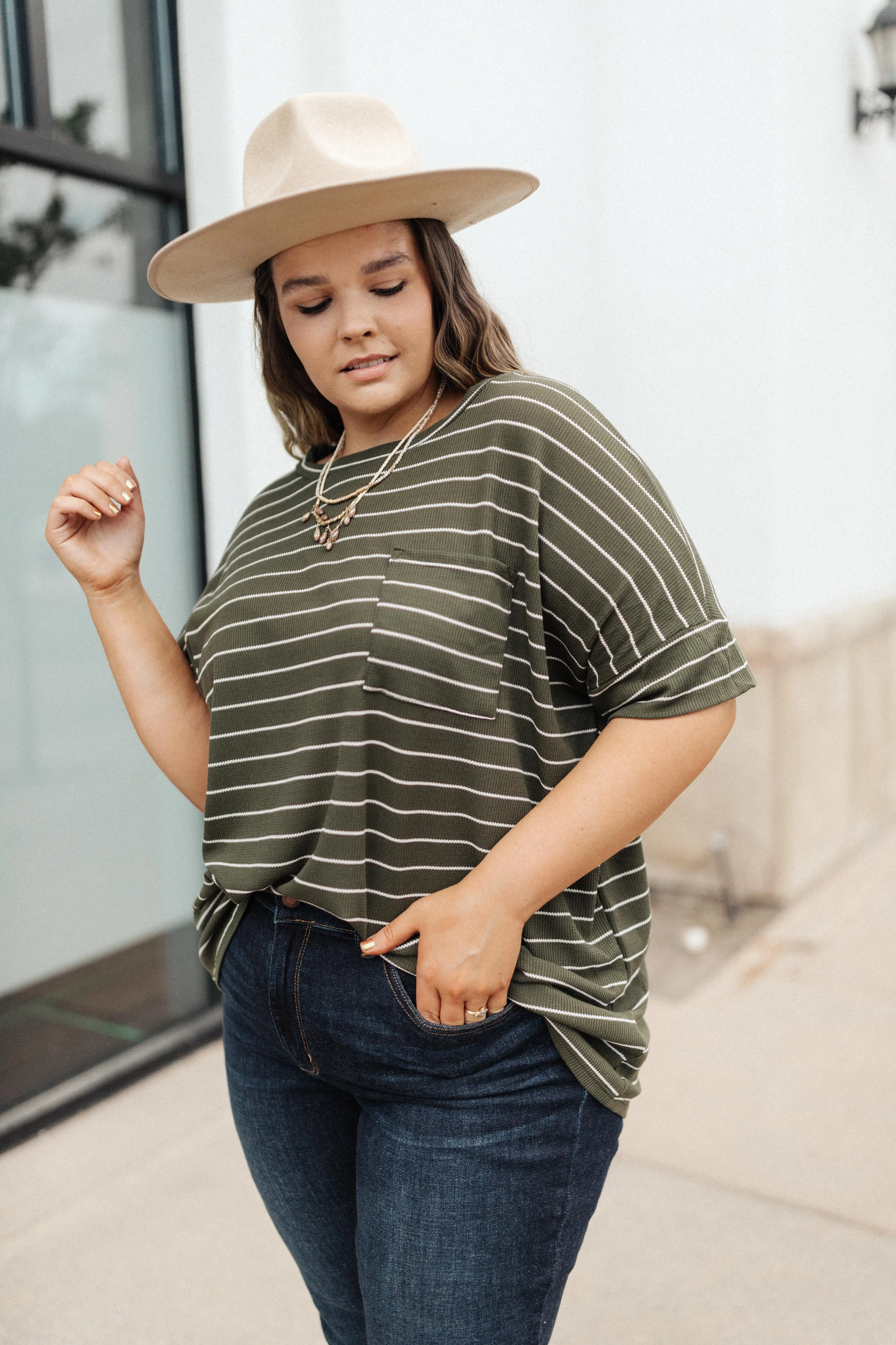 Tow The Line Striped Tee In Olive - On hand