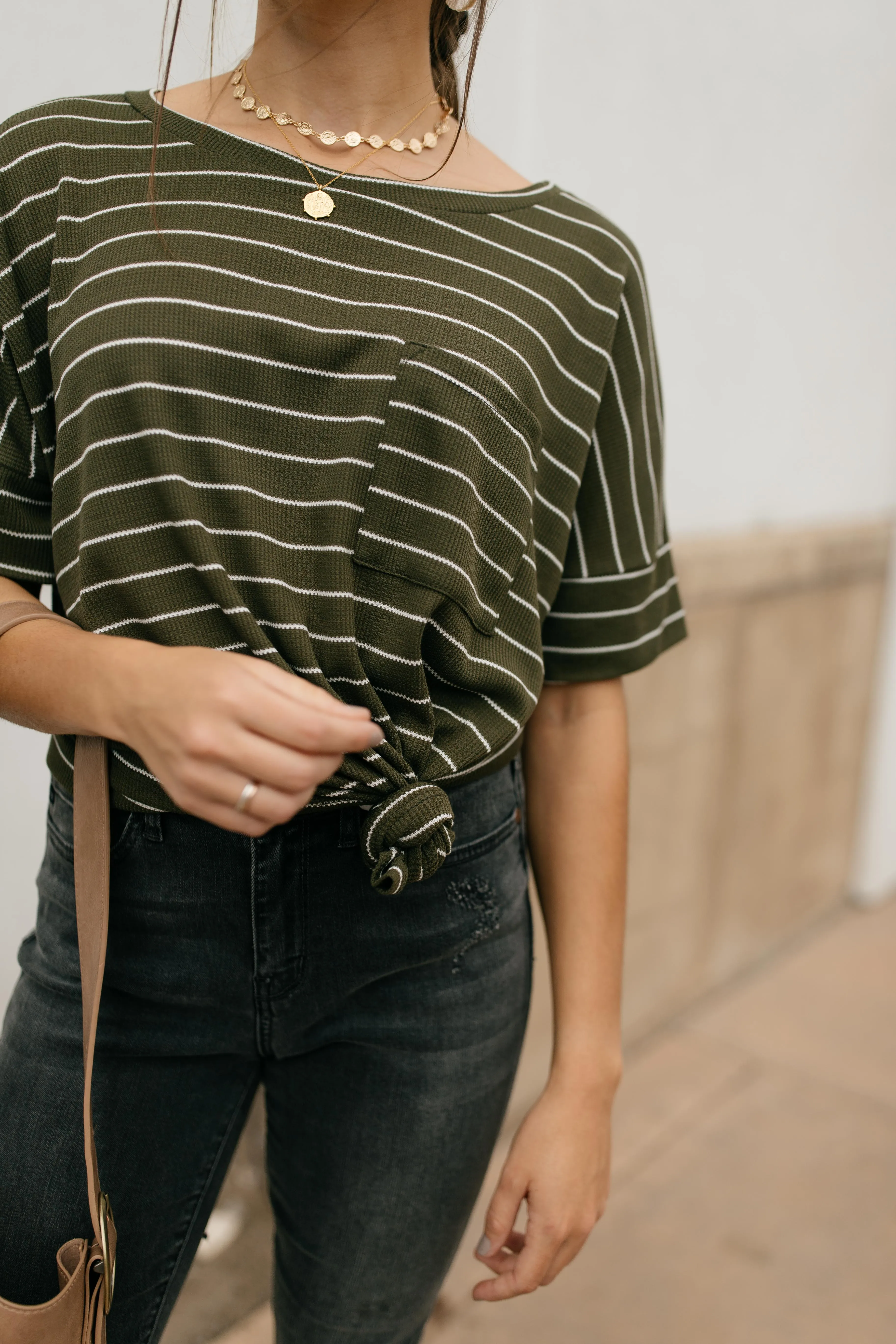 Tow The Line Striped Tee In Olive - On hand