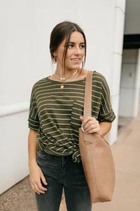 Tow The Line Striped Tee In Olive - On hand