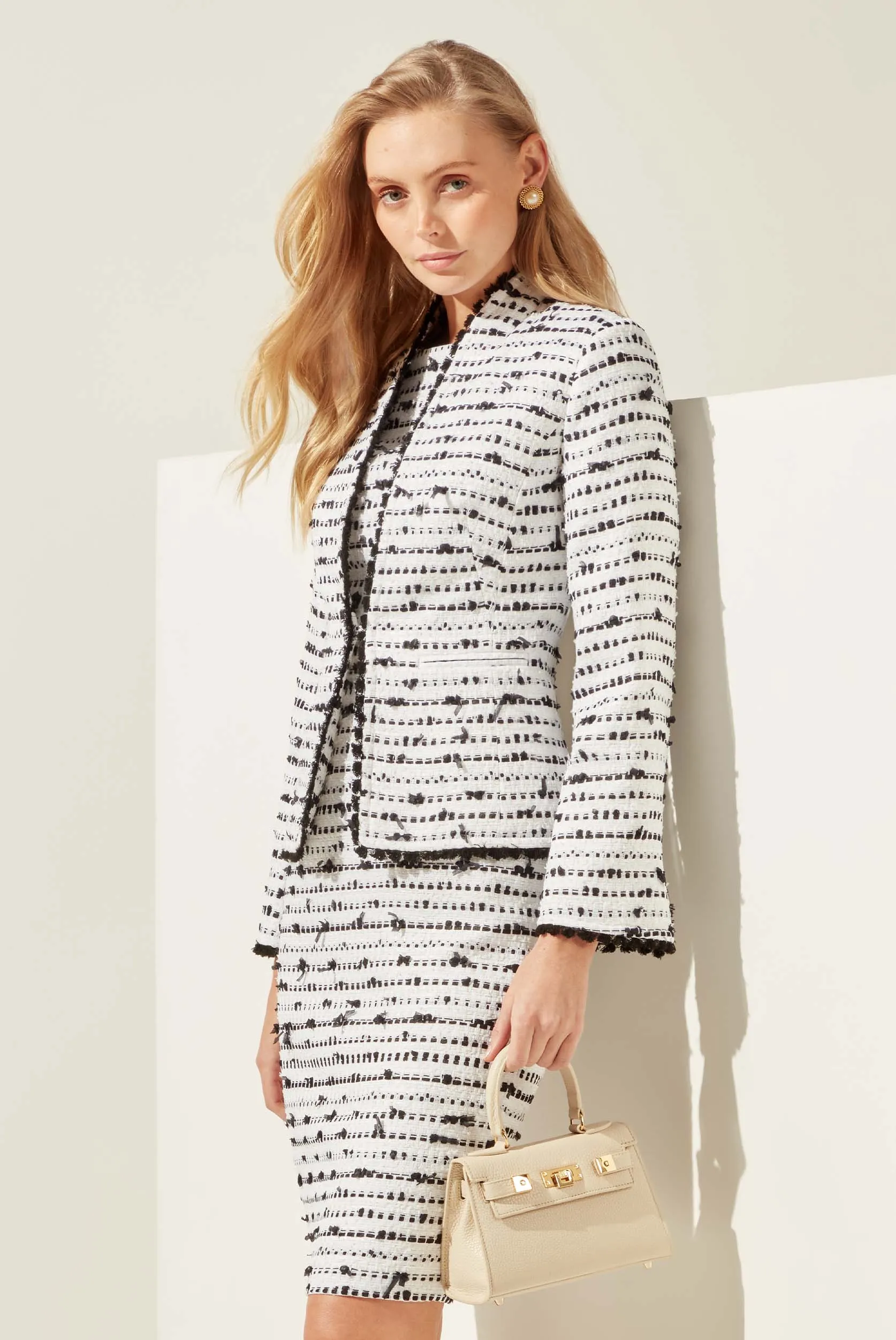 Tweed Jacket in Black and White and Black Picot Braid Edging - Diana